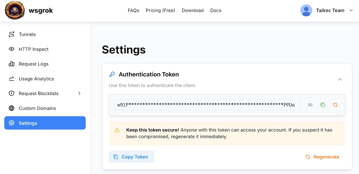 Copy auth token from settings